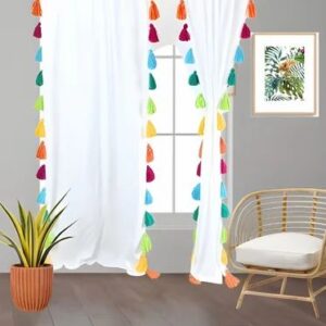 White Sheer Curtain with Multicolor Tassels – Boho Chic Window Drapes for Living Room & Bedroom