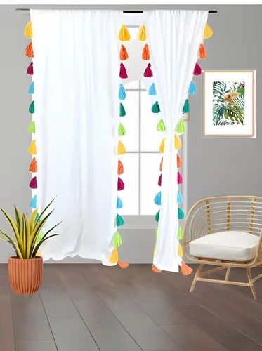 White Sheer Curtain with Multicolor Tassels – Boho Chic Window Drapes for Living Room & Bedroom