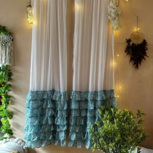 Boho Ruffle Sheer Curtains – White Net with Teal Blue Floral Layered Bottom for Living Room & Bedroom