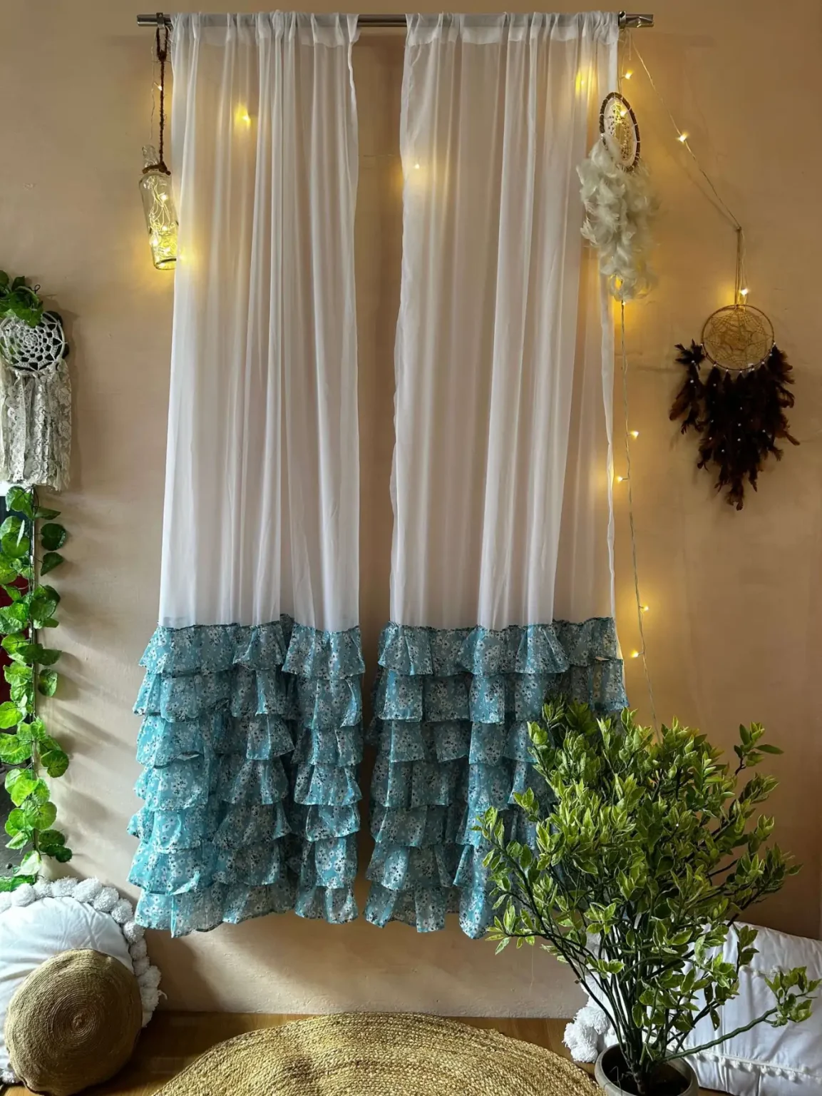 Boho Ruffle Sheer Curtains – White Net with Teal Blue Floral Layered Bottom for Living Room & Bedroom