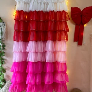 Layered Ruffle Curtain – White, Red & Pink Ombre Shades | Girly Romantic Window Drapes for Bedroom & Living Room