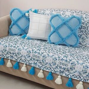 Blue Floral Sofa Throw with Tassels – Cotton Sofa Cover for Modern & Boho Living Room
