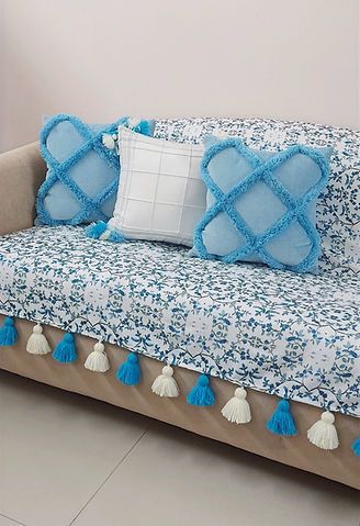 Blue Floral Sofa Throw with Tassels – Cotton Sofa Cover for Modern & Boho Living Room
