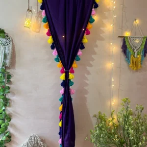 Purple Tassel Sheer Curtains – Boho Window Drapes with Multicolor Tassels for Living Room & Bedroom