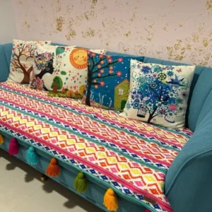 Multicolor Boho Sofa Cover with Tassels – 3-Seater Cotton Furniture Protector