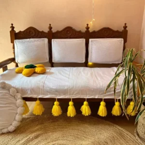 White Sofa Cover with Yellow Tassels – 3-Seater Cotton Boho Style Furniture Protector