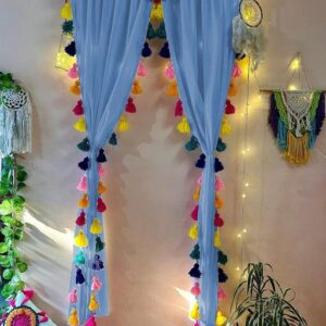 Blue Tassel Sheer Curtains – Boho Window Drapes with Colorful Tassels for Living Room & Bedroom
