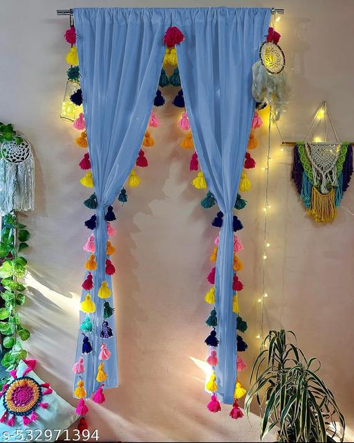 Blue Tassel Sheer Curtains – Boho Window Drapes with Colorful Tassels for Living Room & Bedroom
