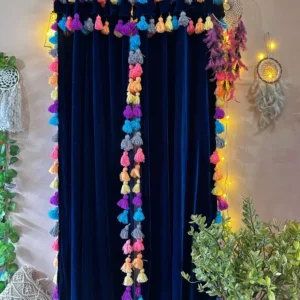 Royal Blue Velvet Curtain with Multicolor Tassels – Luxury Boho Window Drapes for Living Room & Bedroom