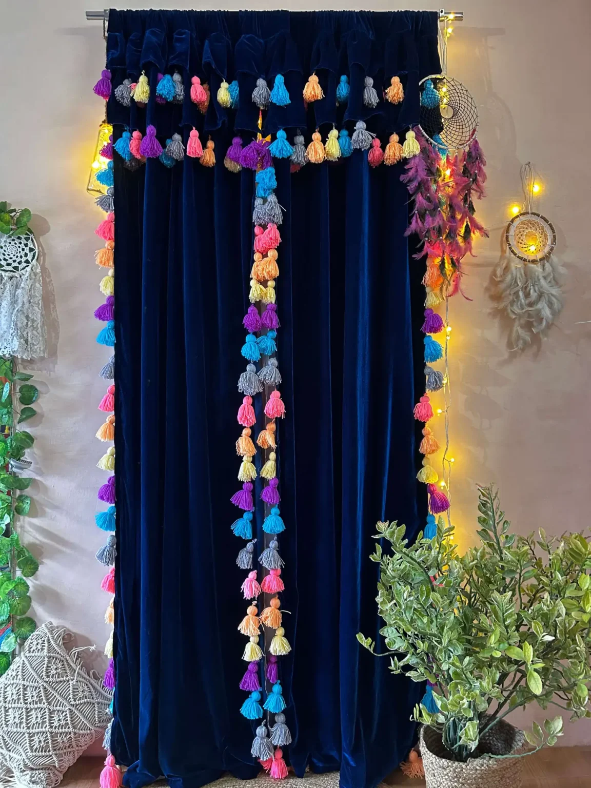 Royal Blue Velvet Curtain with Multicolor Tassels – Luxury Boho Window Drapes for Living Room & Bedroom