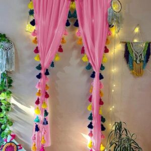 Pink Tassel Sheer Curtains – Boho Window Drapes with Colorful Tassels for Living Room & Bedroom