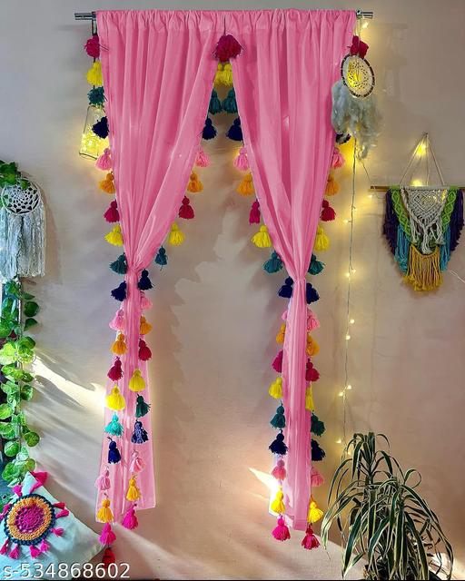 Pink Tassel Sheer Curtains – Boho Window Drapes with Colorful Tassels for Living Room & Bedroom